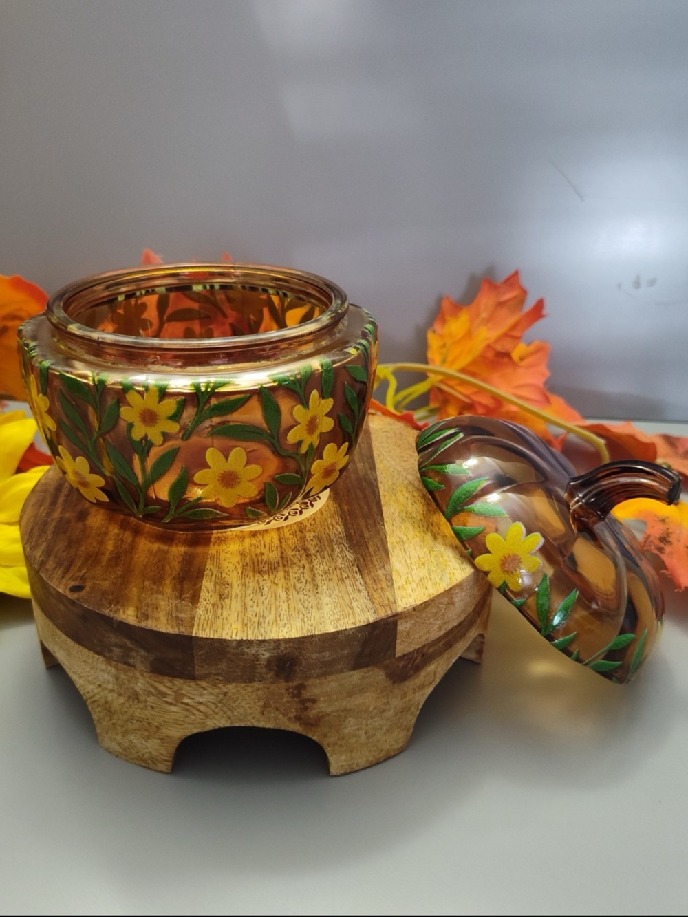 Amber Glass Pumpkin Trinket Jar Floral Fall Decor - Picture 4 of 6